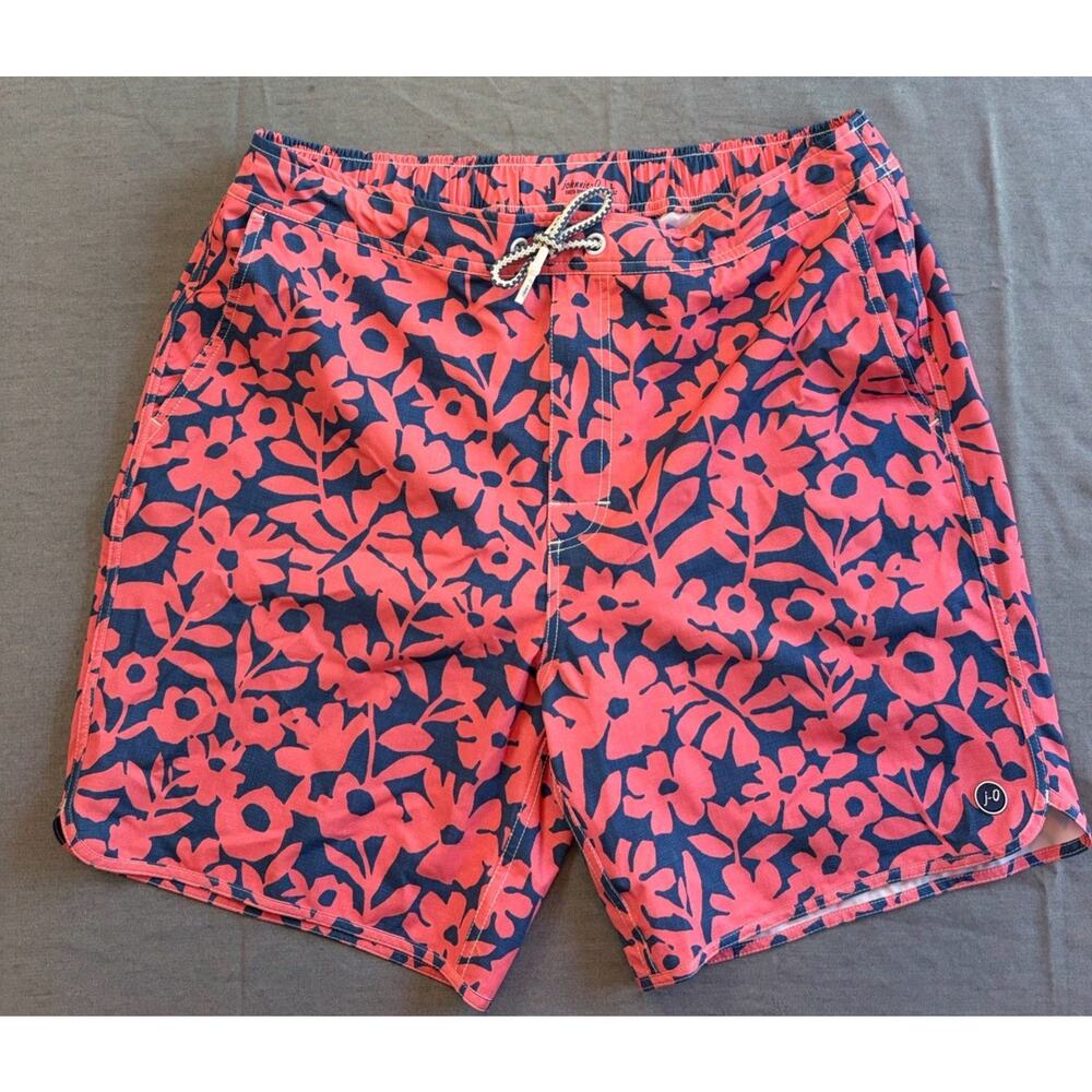Johnnie-O Coral Navy Pink Barbuda Men 7" Large Half Elastic Swim Trunks Shorts